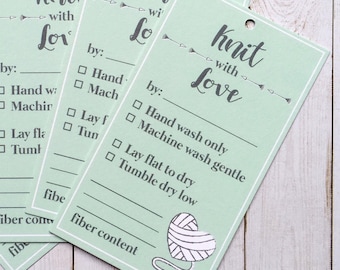 Set of 10, 25 or 50 PRINTED Hand Knit Care Tags in TEAL or PINK - Knit Care Instructions For Handmade Clothing - Knit with Love Hang Tag