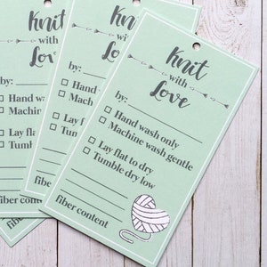 Set of 10, 25 or 50 PRINTED Hand Knit Care Tags in TEAL or PINK - Knit Care Instructions For Handmade Clothing - Knit with Love Hang Tag