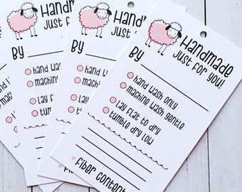 Set of 10, 25 or 50 PRINTED Sheep Handmade Care Tags - Care Instructions for Handmade Clothing - Wool Knit or Crochet Care Hang Tag