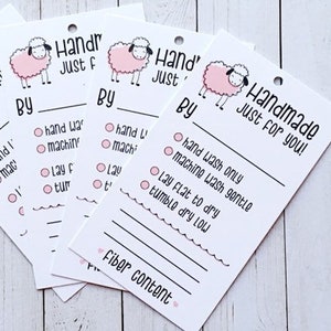 Set of 10, 25 or 50 PRINTED Sheep Handmade Care Tags - Care Instructions for Handmade Clothing - Wool Knit or Crochet Care Hang Tag