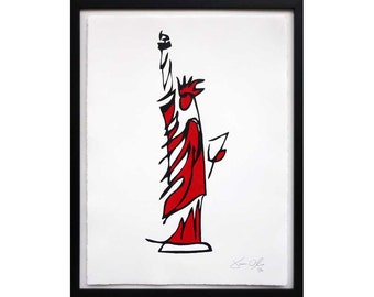 Statue of Liberty red Acrylic Painting, Unique Street Art, God Bless America Art (Medium): hand painted and framed edition by Jason Oliva