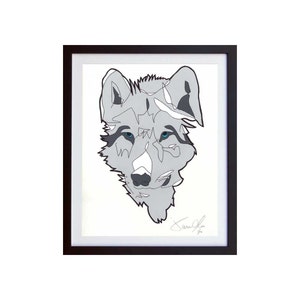 Lupo (colore) piccola mano dipinta lavoro su carta, con cornice e firmato edizione 100 Jason Oliva arte pittura stampa foto regalo animale della fauna selvatica