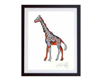 Girafe, Petite (couleur): Travail peint à la main sur papier, Encadré Signé Édition 100 Jason Oliva Art Peinture Impression Image Cadeau Animal Wildlife