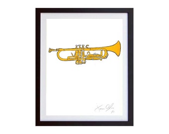 Trumpet Jazz Music instrument painting art print gift wall hanging picture draw: Small (yellow)  Hand Painted, Framed and Signed Jason Oliva