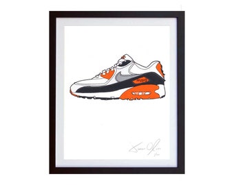 Nike Air Max 90 Infrared sneaker portrait kicks running white cement grey og cork small  Color Hand painted framed and signed by Jason Oliva
