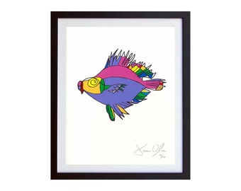 FISH, Small (Color):  Hand Painted Work on Paper, Framed and Signed Edition of 100 Jason Oliva Art Painting Print Picture Gift Nautical Sea
