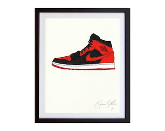 Nike Air Jordan Red and Black sneaker portrait kicks running Small Color Hand painted framed and signed by Jason Oliva