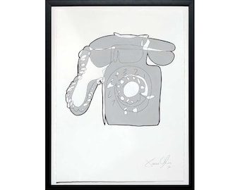 PHONE, Medium (Grey): Hand Painted Work on Paper Framed and Signed Edition of 50 Jason Oliva Art Painting Print Picture Gift Telephone