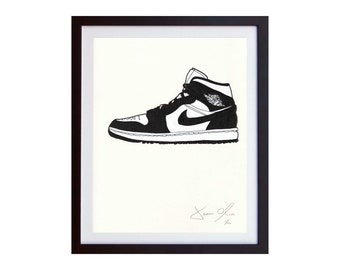 Nike Air Jordan Black and White sneaker portrait kicks running Small Color Hand painted framed and signed by Jason Oliva