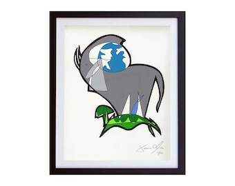 A Turtle With an Elephant on its Back Carrying the World, Medium (small): Framed and Signed Edition of 100  Jason Oliva Art Painting Print