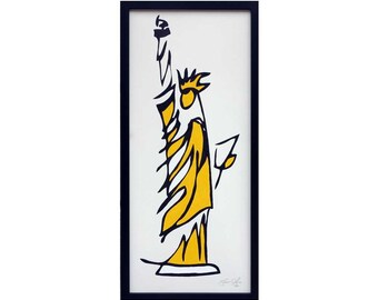 May include: A black framed print of a yellow and black line drawing of the Statue of Liberty. The artist's signature is in the bottom right corner.