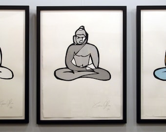 BUDDHA, Medium (Grey): Hand Painted Work on PaperFramed and Signed Edition of 50 by Jason Oliva Art Painting Print Picture Gift