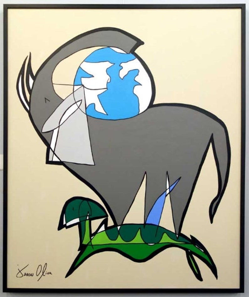 A Turtle With an Elephant on its Back Carrying the World, Medium Color: Framed and Signed Edition of 50 Jason Oliva Art Painting Print image 5