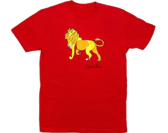 RED Lion T-Shirt, Animal Tee Shirt, Unique Art Clothing Jason Oliva Tee Shirt Design Safari Yellow Orange