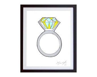 Diamond Wedding Ring, Color (Small):Hand Painted on paper,  Framed and Signed Edition of 50  Jason Oliva  Painting Print engagement present