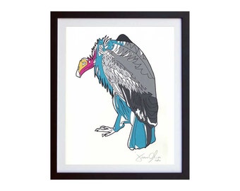 VAUTOUR, Petit (Couleur): Travail peint à la main sur papier, Édition encadrée et signée de 100 par Jason Oliva - Art Painting Print Picture Gift