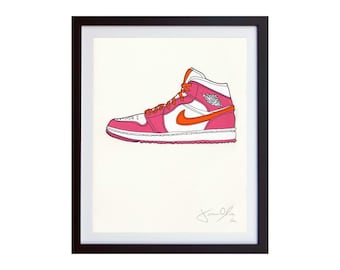 Nike Air Jordan Pink Orange white sneaker portrait kicks running Small Color Hand painted framed and signed by Jason Oliva