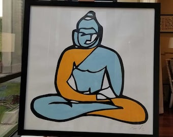 Puede incluir: Una impresión enmarcada de una ilustración estilizada de una persona en una postura de meditación sentada. La persona lleva una túnica azul y naranja y tiene una expresión serena en su rostro.