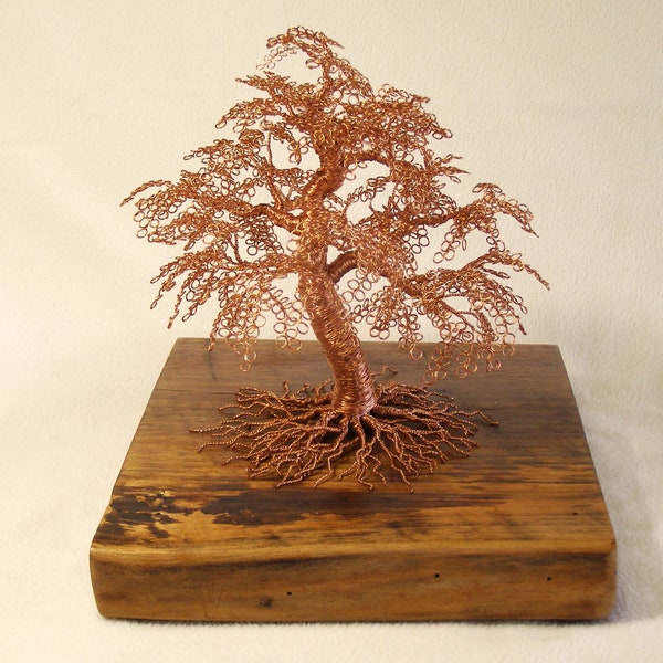 Twisted and Wrapped Bare Copper "Mighty" Oak Tree Wire Sculpture on Rustic Barnwood Base