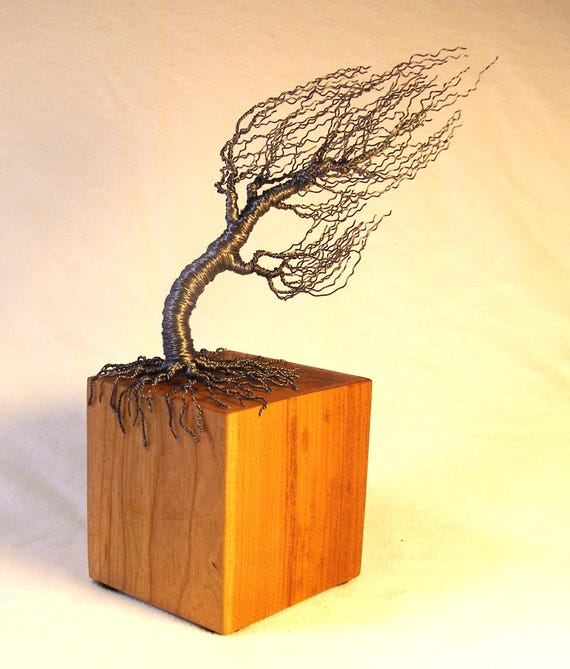 Twisted and Wrapped Dark Gray Wire Windswept "Curly" Bonsai on Hardwood  Cube Base