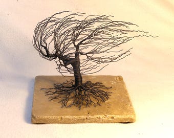 Twisted & Wrapped Black Iron Wire Windswept Tree Sculpture on Travertine Marble Base