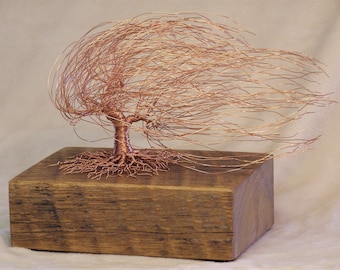 Twisted and Wrapped Bare Copper Windswept Tree Sculpture on Barn Wood