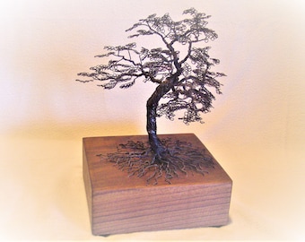 Twisted Black Iron Windswept Tree Sculpture (with leaves) on Mahogany Base