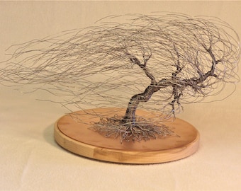 Windswept Tree Sculpture: Stainless Steel Wire Art on Maple Base
