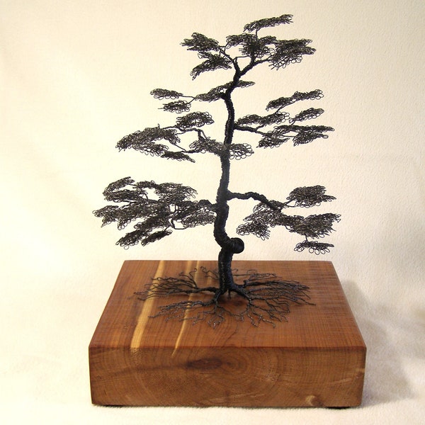 Twisted & Wrapped Dark Gray and Black Iron Wire Informal Bonsai Sculpture on Cedar Base