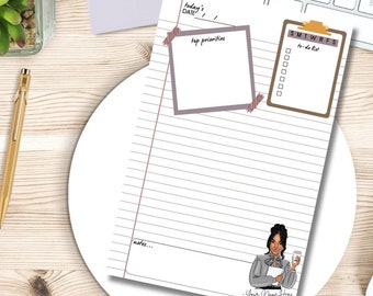 May include: A printable planner page with a to-do list, a section for top priorities, and a notes section. The page also features a cartoon illustration of a woman with a coffee cup.