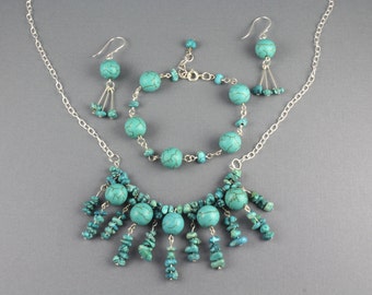 Sterling Silver Natural Turquoise Howlite Necklace, Bracelet and Earrings Jewelry Set Adjustable