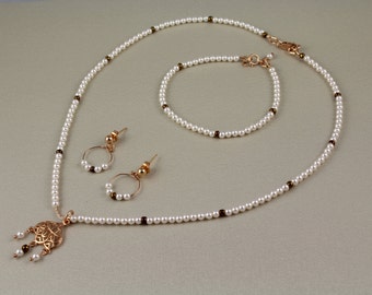 Swarovski Cream Rose Pearl Earrings Bracelets and Necklace Rose Gold Jewelry Set