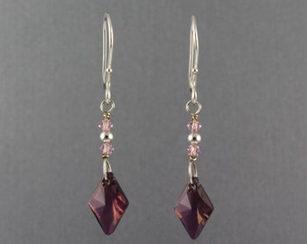 Rhombus Crystal Lilac Shadow with Bicones Sterling Silver Earrings