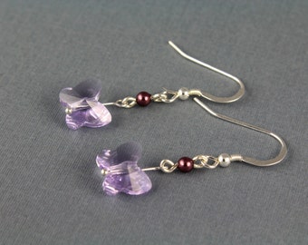 Mariposa violeta Swarovski en plata de ley pendientes