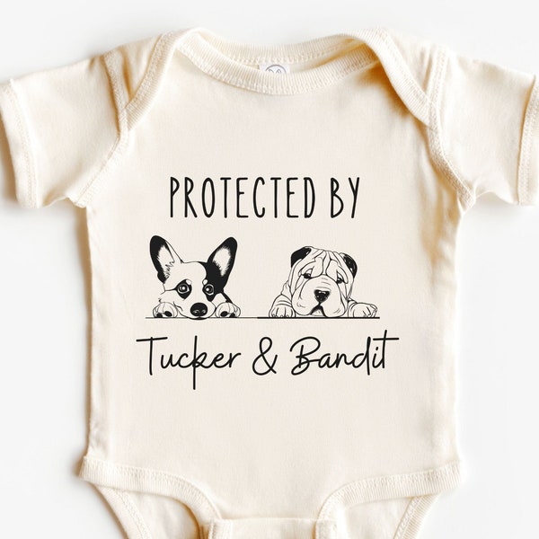 Custom Dog Onesie, Protected by My Dogs Bodysuit, Pet Lover Baby Gift, Baby Shower Gift, Personalized Dog Breed Onesie, Dachshund Onesie