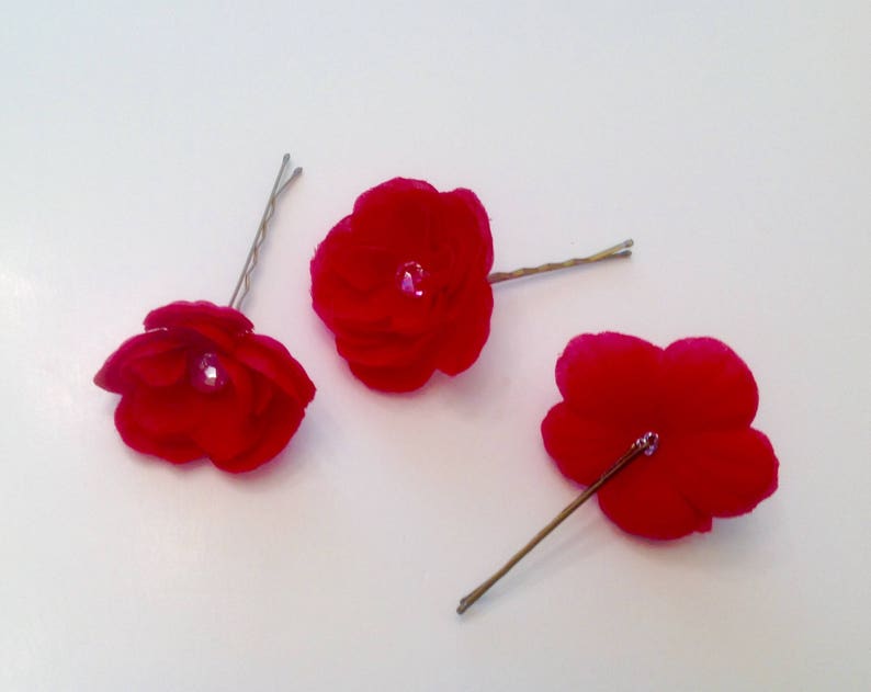 Red Rose Hair Pins Set of 3 Flower Hair Pins Wedding Hair Etsy