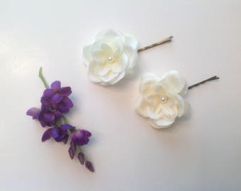 Flower Girl Hair Pins 3 Ivory or White with a hint of yellow Hair Pins Bridal or Prom Hair Pins - Set of 3 - Ready to Ship!