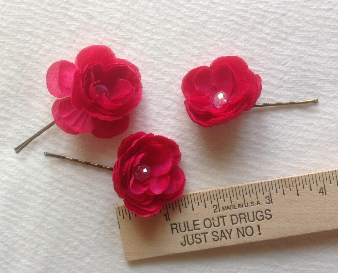Red Rose Hair Pins Set of 3 Flower Hair Pins Wedding Hair Etsy