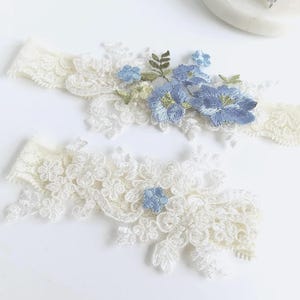 Wedding Garters with Blue Flowers, Bridal Set for Bride, Dusty Blue, Light Blue, Ivory, White, 8 Lace Colors