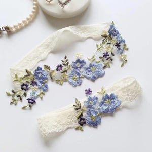 Wedding Garter Set, Something Blue Wildflower Bridal Shower Gift for Bride, Custom Sized Lace Keep and Tossing Garters