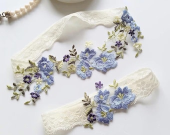 Wedding Garter Set, Something Blue Wildflower Bridal Shower Gift for Bride, Custom Sized Lace Keep and Tossing Garters