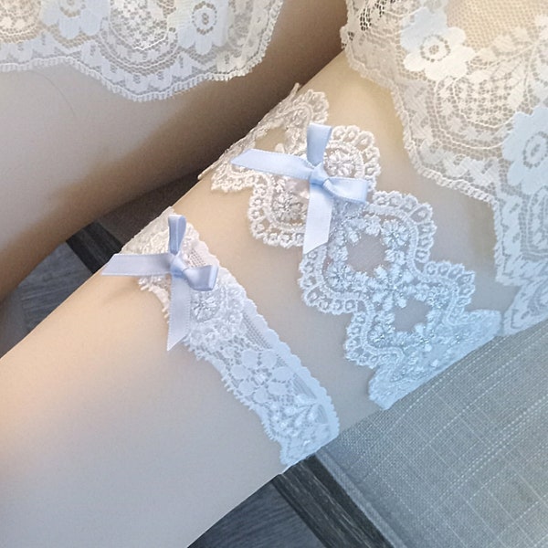 Peekaboo Wedding Garters with Blue Bows, Off White Lace Set, Petite - Plus Size Custom