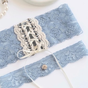 Jarretières de mariage, jarretière corset bleu poussiéreux, jarretière bleu et or, quelque chose de bleu, jarretière de mariée, ensembles de jarretière uniques, jarretière en dentelle vintage