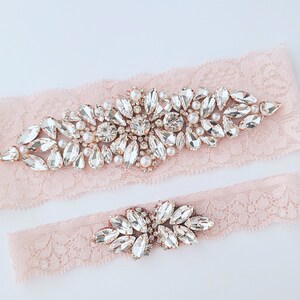 Rose Gold Wedding Garters for Bride, Crystal Rhinestone Ivory Lace Bridal Keep and Toss Set image 4