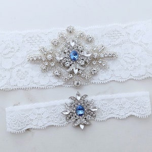 Something Blue Wedding Garters, Rhinestone Crystal Bridal Set, Lace Keepsake / Toss, Prom image 4