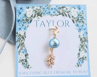 Gold Bouquet Charm for Bride, Something Blue Personalized Name Shoe Charm, Bridal Shower Gift