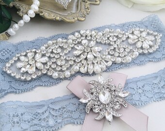 Something Blue Wedding Garters, Ivory / White Lace Keepsake / Toss Bridal Garter Set, Pearl Crystal Rhinestone Custom Garter, Blue Garter