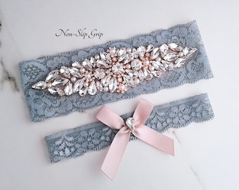 Dusty Blue Wedding Garter, Rose Gold, Gold, Silver Lace Bridal Garter, Crystal Rhinestone Pearl Garter Set, Blue Garter, Something Blue