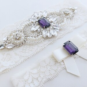 Dark Purple Wedding Garter Set, Lace Garters, Ivory Garters for Wedding, Garter with Pearls, Purple Garters for Bride, Garter with Bow