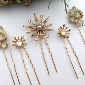 Gold Opal Hair Pin Set, Stars Wedding Hair Pins, Crystal Rhinestone Hair Clips, Stars Bridal Hair Pins, Stick Pins, Celestial Wedding Hair